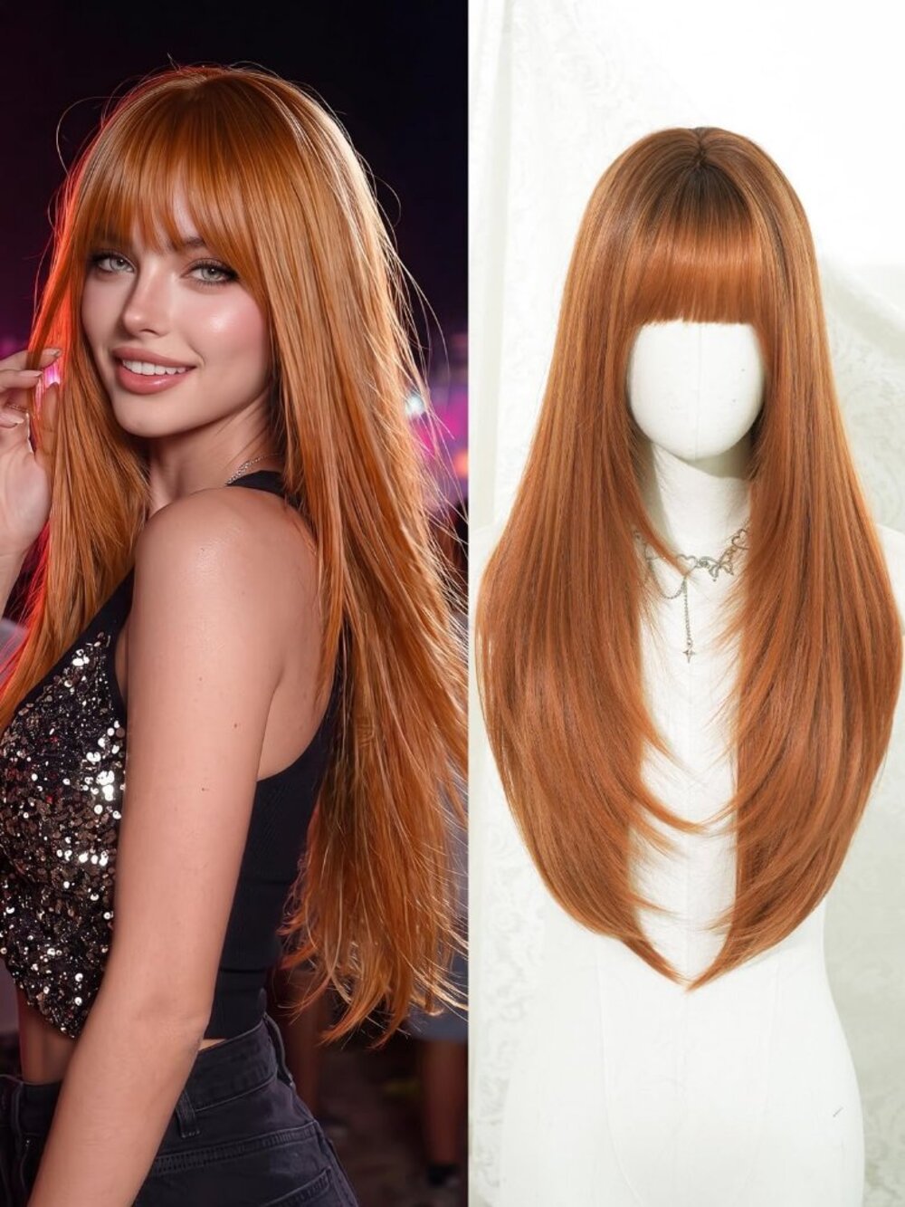 26IN Women's Ginger Orange Long Straight Layered Synthetic Wigs With Bangs